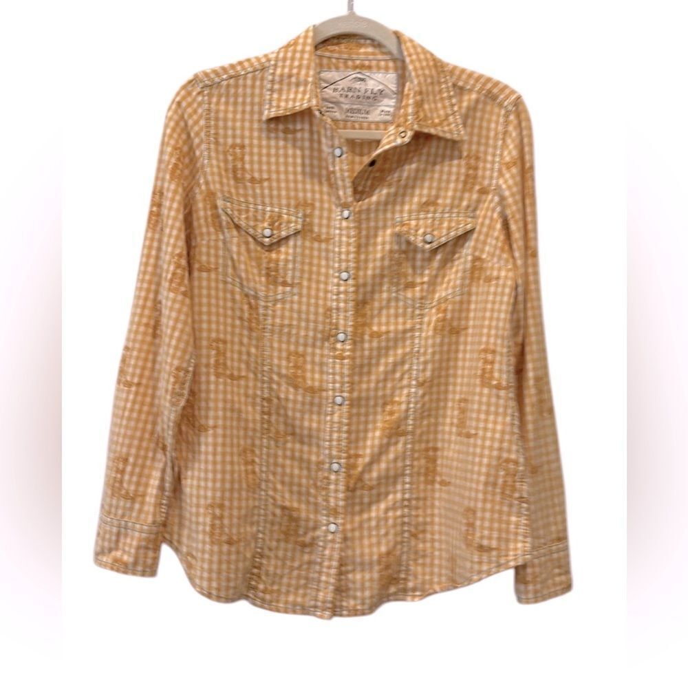Barn Fly Trading Yellow Gingham Snap Button Boot Print Western Shirt Medium​